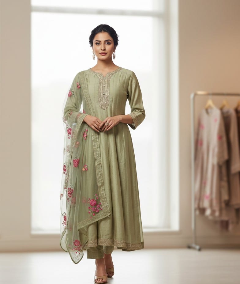 Woman wearing a green traditional outfit with floral embroidery in a bright room.